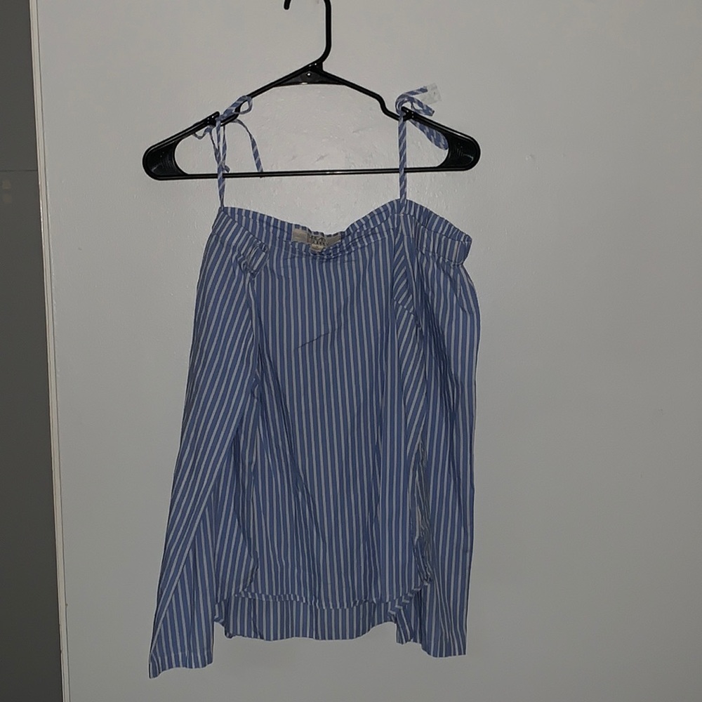 Blue and white striped off the shoulder shirt